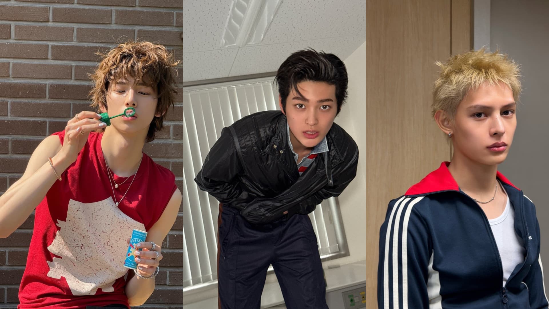 Three photos of Cortis members in different styles, from a red sporty top to a black windbreaker to an Adidas track jacket.