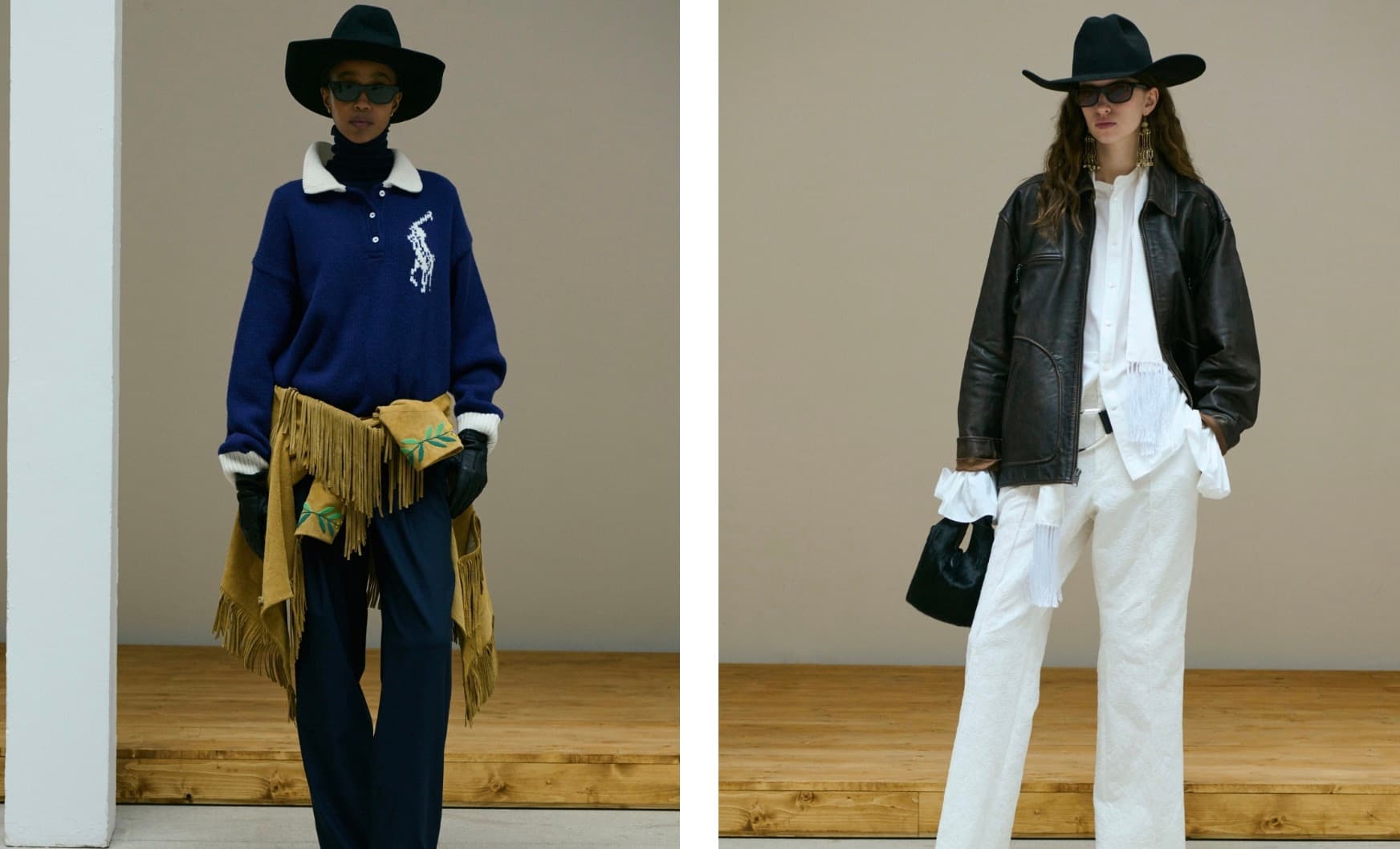 Two runway looks pairing black cowboy hats with a blue polo sweater and fringe, and a leather jacket over white separates.