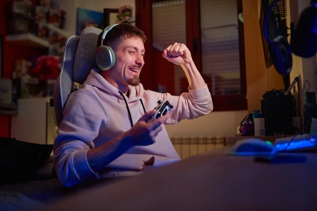 A man celebrates while playing a video game with a controller at a home gaming setup.