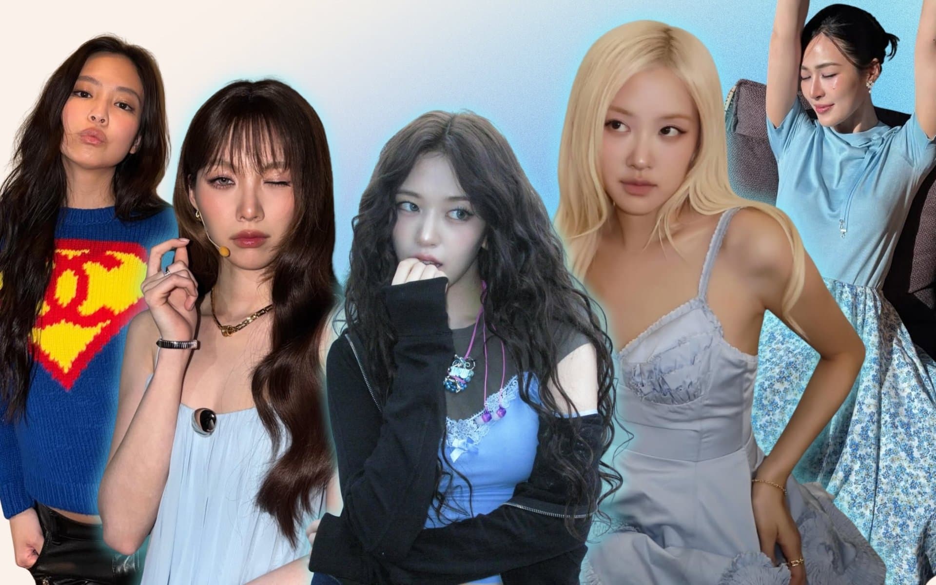 A composite of five celebrities each wearing different shades of blue, from cobalt to pale periwinkle.