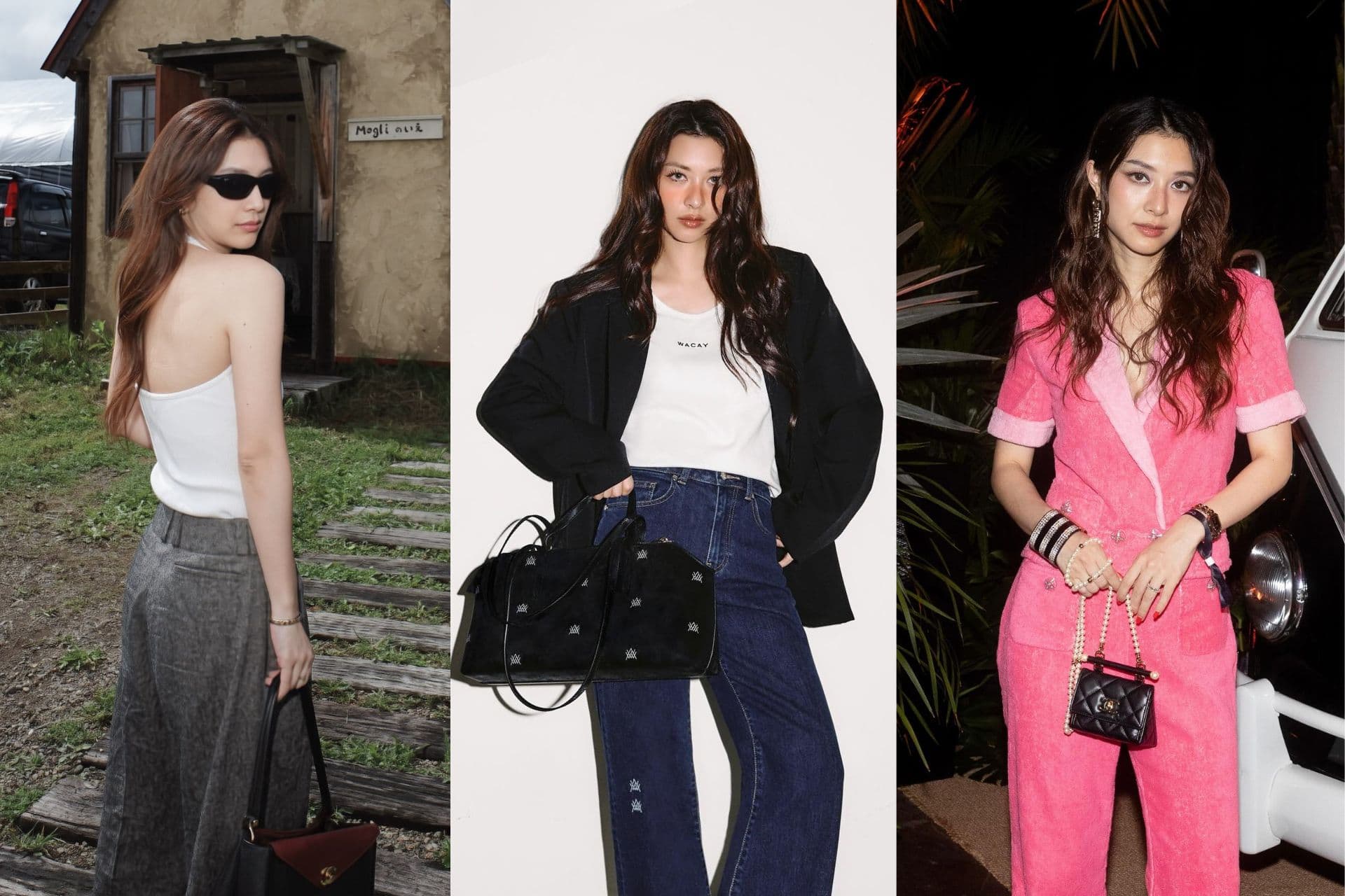 Three photos of Thai actress Mew Nittha in different outfits, including a black blazer over jeans and a pink suit.