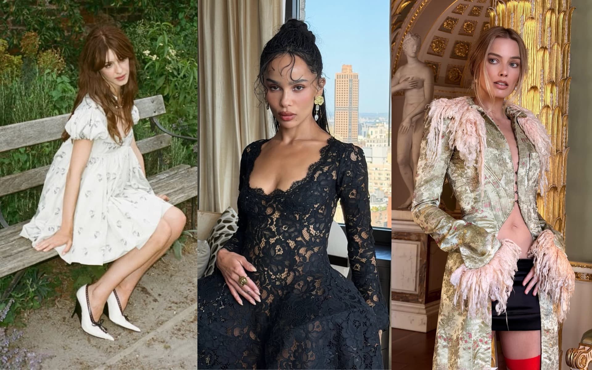 Three photos of women in romantic fashion looks, including a lace gown and a feathered gold coat.