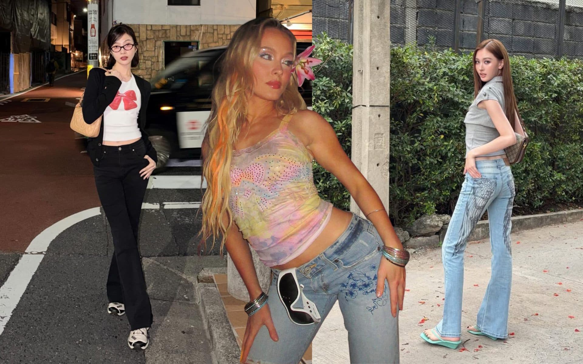 Three street-style photos of women wearing different styles of skinny and flared jeans.