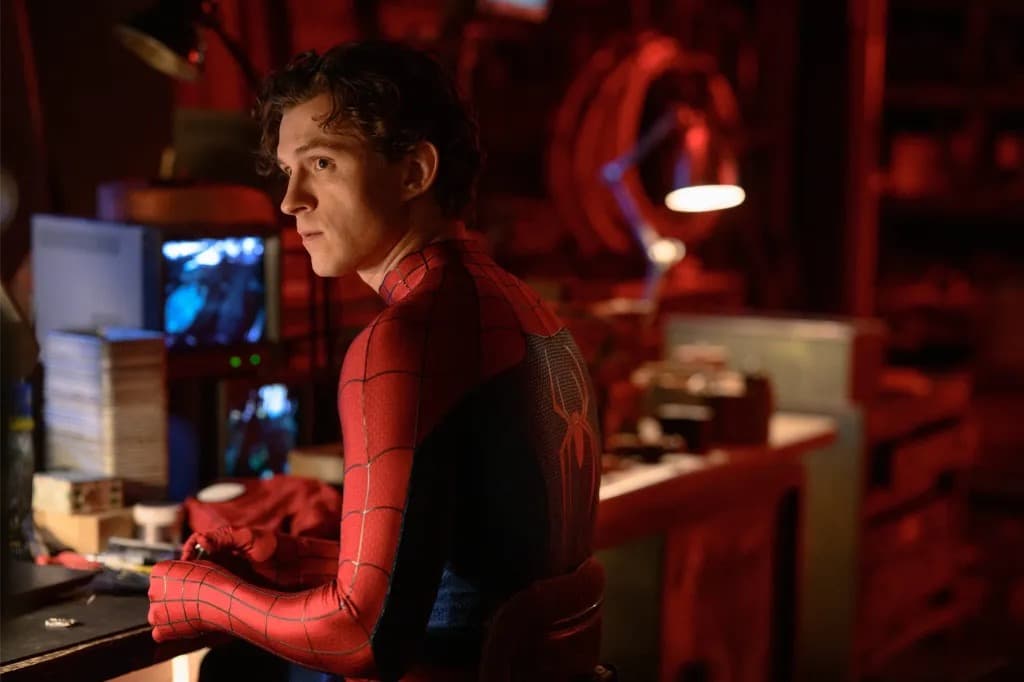 Tom Holland in costume as Spider-Man, seated at a workbench in a dimly lit red-tinted room.