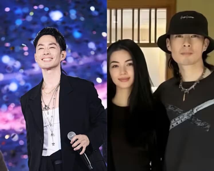 Vanness Wu performing on stage next to a second photo of him with wife Emi Aramaki.